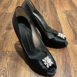 GIUSEPPE ZANOTTI BLACK SATIN PEEP TOE PUMP SZ 10